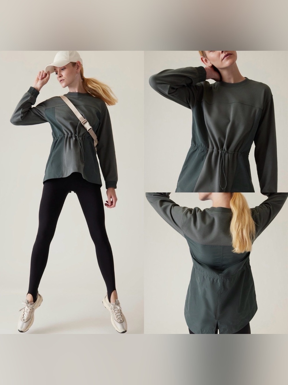 Athleta Triumph Hybrid Crewneck Cinch-Waist Long-Sleeve Green Sweatshirt, Small